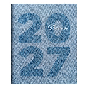 May include: A rectangular planner with a blue denim fabric texture cover. The front features the large dark blue numbers 2027 printed across the center, with the word Planner written in a white cursive script font positioned above the number 27.