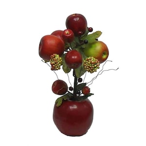 May include: A red apple vase with a red apple tree with green leaves and red and green apples. The vase is filled with red apples and green leaves.