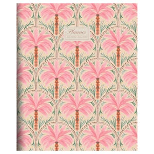 May include: A planner with a repeating pattern of pink palm trees and green leaves on a beige background. The text "Planner July 2026 - June 2027" is in a white rectangle.