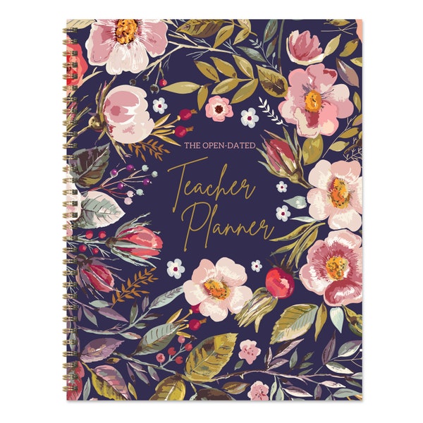 Undated Teacher 9x11 Lesson Planner - Perfect for Homeschooling Plans - Navy Floral Cover Design, Gold Spiral - Weekly and Monthly