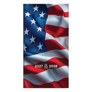 May include: A vertical rectangular banner featuring a draped American flag with red, white, and blue colors. The fabric has visible folds and ripples. The text 2027 & 2028 is printed in white in the lower center of the flag design.