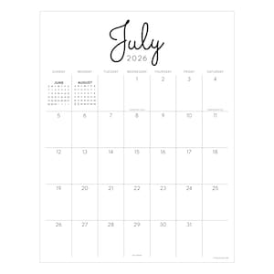 May include: A white calendar page for July 2026, with a minimalist design. The word "July" is written in a cursive font above the year. The days of the week are listed across the top, with dates in a grid.