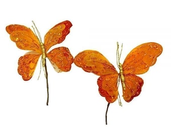 Velvet Sheer Butterfly Pick Set of 2 Rust/Gold 7in ARTIFICIAL