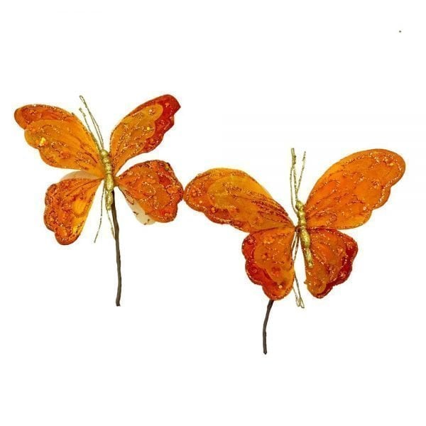 Velvet Sheer Butterfly Pick Set of 2 Rust/Gold 7in ARTIFICIAL