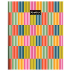 May include: A colorful planner with a striped pattern in shades of pink, orange, green, yellow, and blue. The text "PLANNER JULY 2026 - JUNE 2027" is displayed in a black rectangle at the top. The planner is designed for the specified time period.