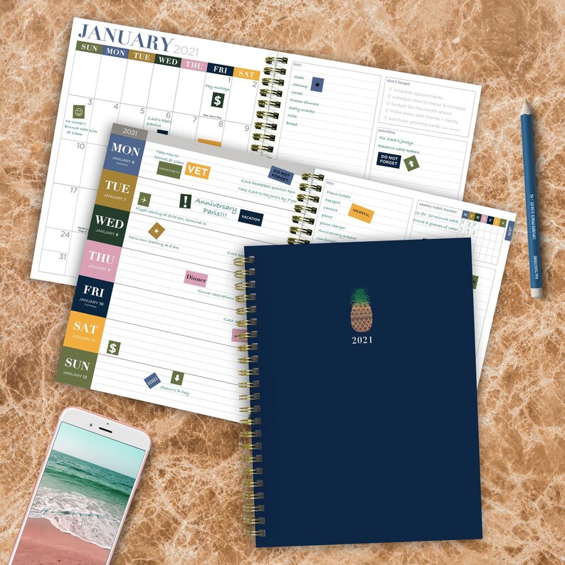 2021 Navy Pineapple Medium Daily Weekly Monthly Spiral Planner image 0