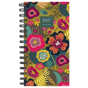 May include: A spiral-bound 2027 planner featuring a vibrant floral pattern with large stylized flowers in shades of magenta, orange, yellow, and dark blue against an olive green background. The cover includes a central rectangular label with the text 2027 PLANNER.