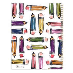 May include: A white notebook cover with a repeating pattern of colorful pencils. The pencils are drawn in a hand-drawn style and are in various shades of blue, green, yellow, orange, pink, and purple. The notebook cover has a gold spiral binding and the text "TF Publishing" in the bottom left corner.