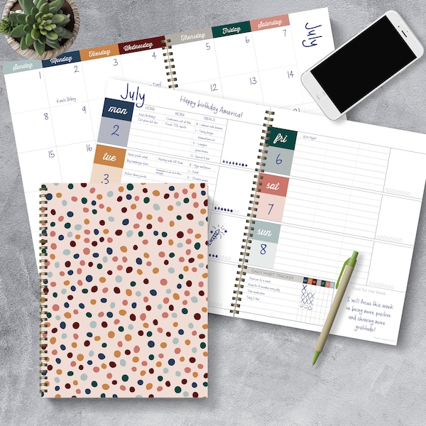 Spotted Dot Boho Undated Large Weekly Monthly Spiral Planner- Perfect for Weekly Prep / Meal Planning! 9 x11 Large Size with Gold Spiral