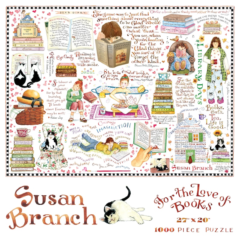 May include: A 1000 piece jigsaw puzzle featuring a whimsical illustration of cats, books, teacups, and a girl reading. The puzzle is titled "For the Love of Books" and is by artist Susan Branch. The puzzle measures 27 inches by 20 inches.