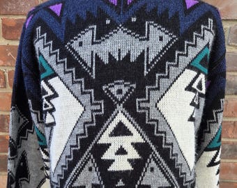 90s vintage geometric grandpa sweater / Large