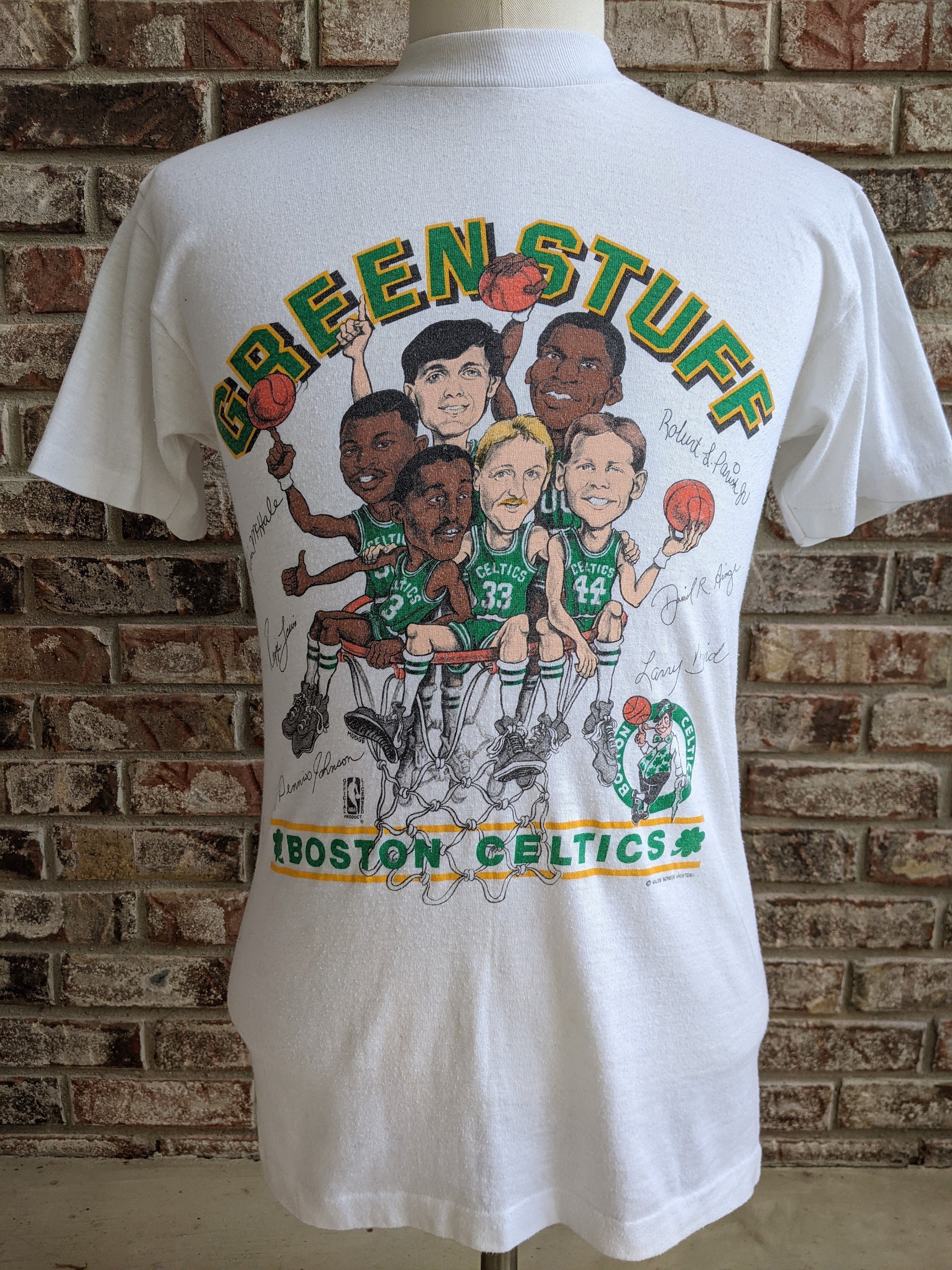 Vintage Boston Celtics Green Stuff Caricature Salem T-shirt Medium White  Nba 80s