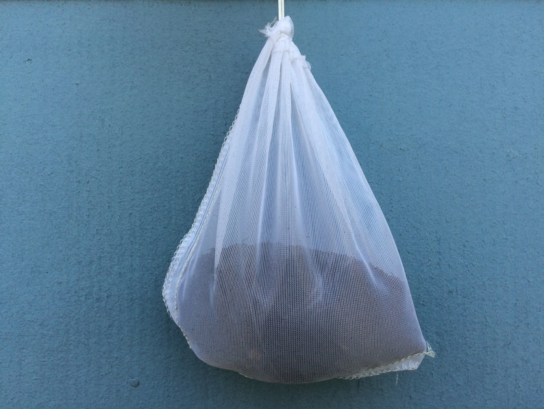 May include: A white mesh bag hanging from a string against a blue wall. The bag is filled with a dark substance.