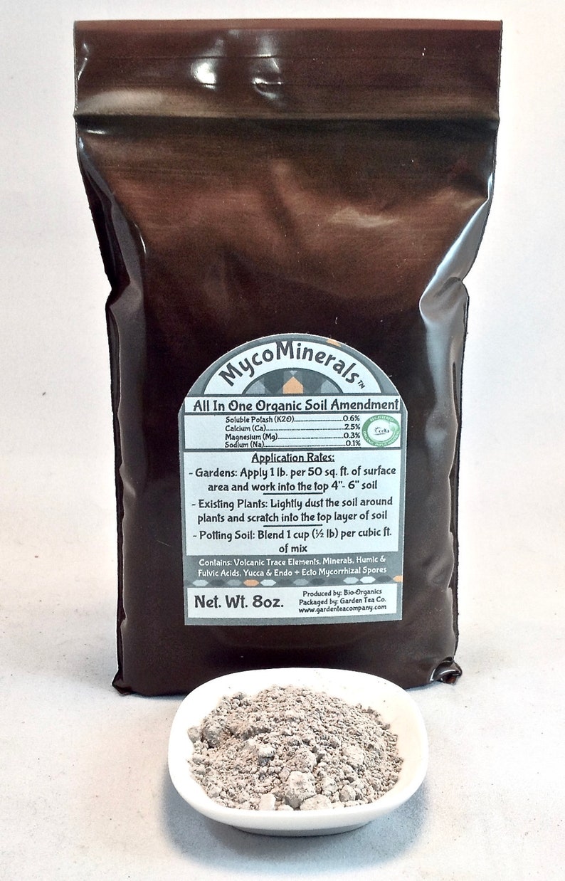 May include: A brown resealable bag of MycoMinerals All In One Organic Soil Amendment. The bag contains 8 ounces of soil amendment and lists the percentage of soluble potash, calcium, magnesium, and sodium. The bag also includes application rates for gardens, existing plants, and potting soil.