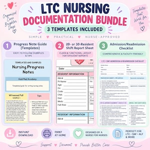 Puede incluir: Un paquete de documentación de enfermería LTC que incluye tres plantillas: una guía de notas de progreso con ejemplos, una hoja de informe de turno para 20 o 30 residentes y una lista de verificación de admisión/readmisión para centros.