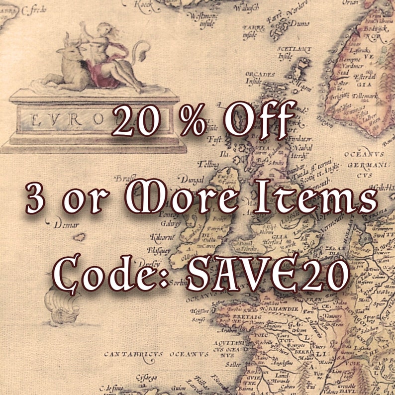 May include: Vintage map background with text promoting a sale: "20% Off" and "3 or More Items." The code "SAVE20" is also displayed. A classical sculpture is in the upper left corner.