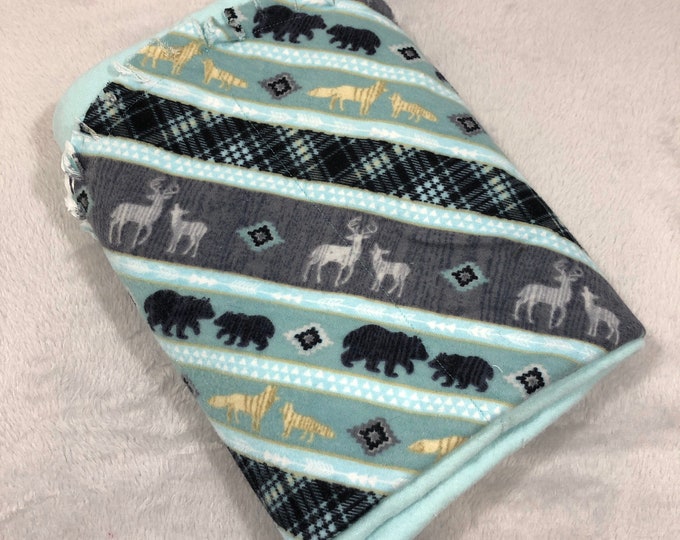 Woodland Animal with Teal Flannel Receiving Blanket, Nursery Swaddle, Baby Blanket - Optional: 2 Burp clothes