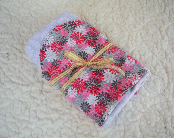 Flower Flannel Receiving Blanket, Nursery Swaddle, Baby Blanket, Pink & Gray Flowers - Optional: 2 Burp clothes