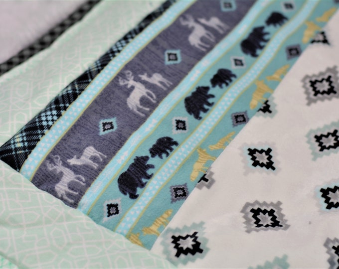 Baby Quilt Blanket with Texture, Woodland Animals, Gray and Teal