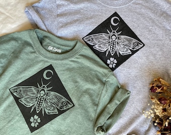 Handprinted Moth and Moon Tee Shirts in Heather Gray or Green