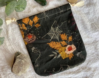 Witchy Pouch for Dice, Crystals, Essential Oils, Makeup,  Cute Drawstring Travel Bag with Cobwebs, Spiders, Florals