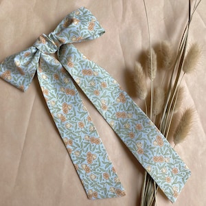 Botanical Hair Ribbon, Retro Style Skinny Scarf in Blue and Green with Yellow Flowers