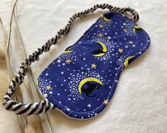 Celestial Cat Eyemask in Blue with Black Kitties, Moons, and Stars on Blue