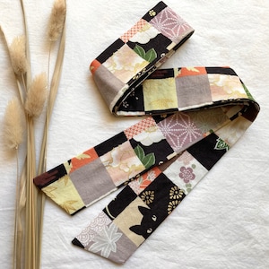 Japanese Cat Hair Ribbon in Patchwork Print with Metallic Gold, Soft Cotton Tie Up Headband