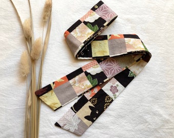 Japanese Cat Hair Ribbon in Patchwork Print with Metallic Gold, Soft Cotton Tie Up Headband