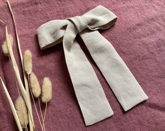 Natural Linen Hair Bow with French Barrette, Large and Elegant Ribbon
