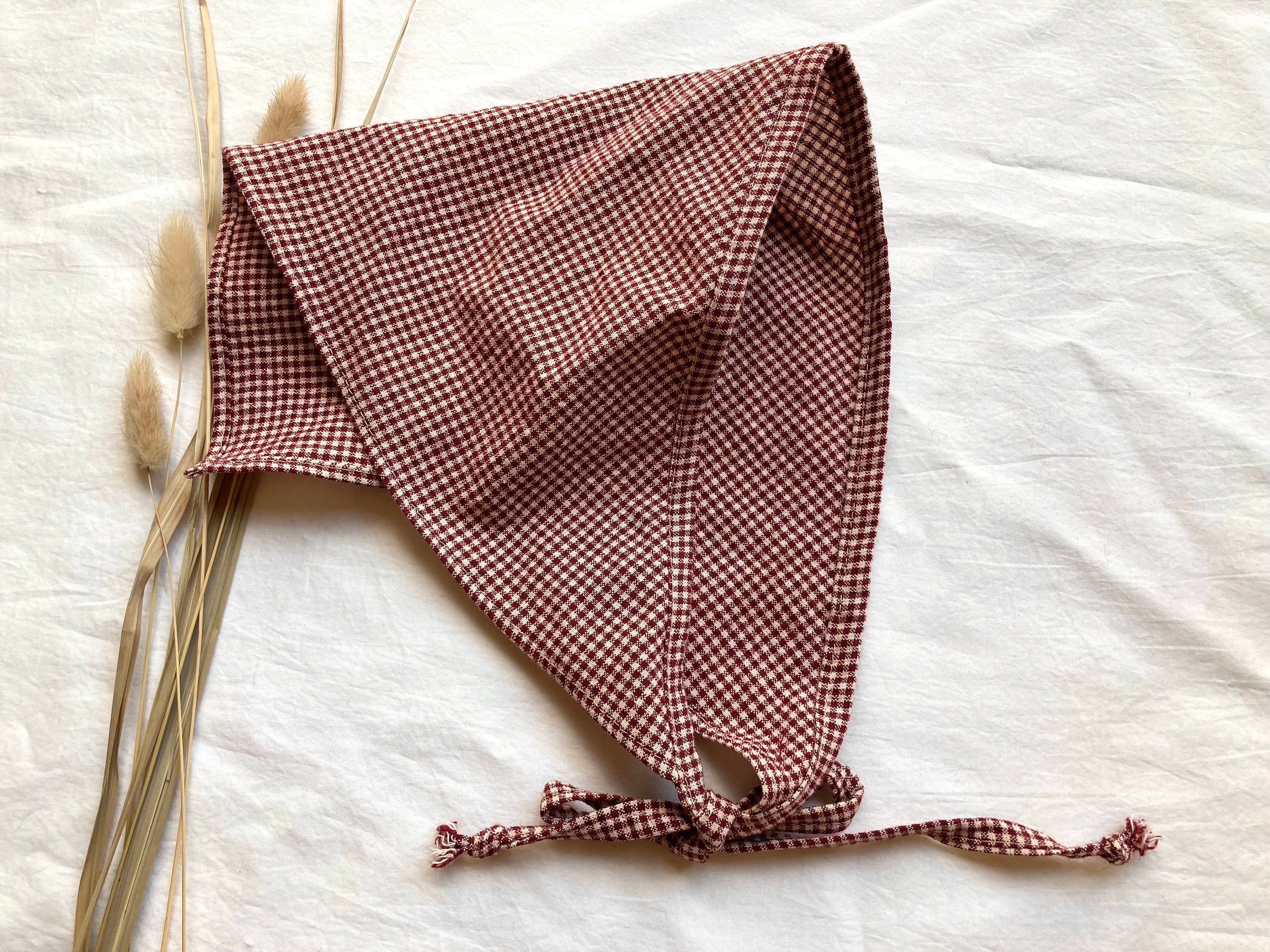 Plaid Hair Bandana in Burgundy and Tan, Cute Checked Cottagecore Triangle Scarf