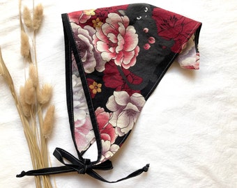 Japanese Hairkerchief with Black Cats and Flowers, Handmade Triangle Hair Bandana in Pink, Red, Gold