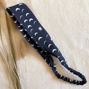 Moon Headband in Indigo, Organic Cotton Celestial Hair Accessory in Dark Blue with White Moons and Stars