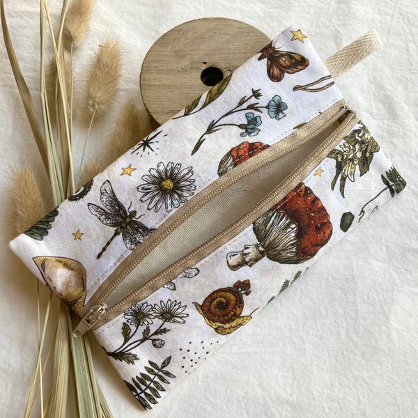 Mushroom Pouch in Parchment, Zipper Bag for Travel, Office Supplies, Makeup with Snails, Ferns, Moths