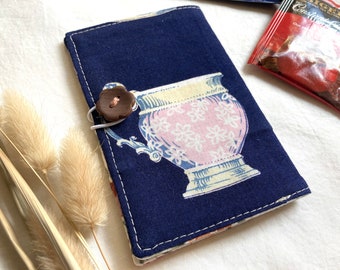 Tea Wallet with Cute Cup Print and Flower Button, Navy Blue Slotted Holder for Tea Lovers