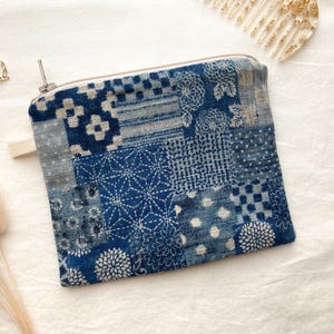 Japanese Boro Pouch, Small Zipper Pouch in Cotton Indigo Patchwork Print