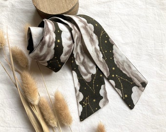 Starry Hair Scarf in Warm Gray and Metallic Gold, Pretty Tie Up Headband With Clouds and Constellations