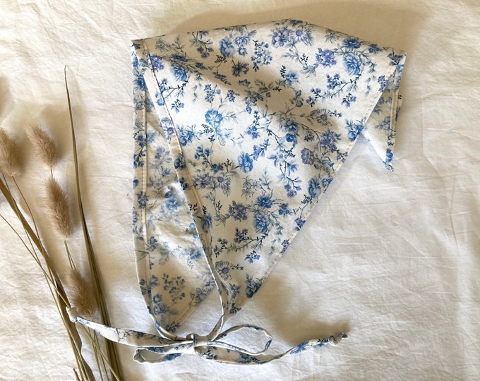 English Garden Hair Bandana in White With Blue Toile Flowers, Spring