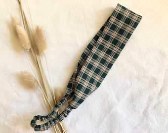 Forest Plaid Headband in Green and Tan, Cute Check Whimsigoth 90s Hair Accessory