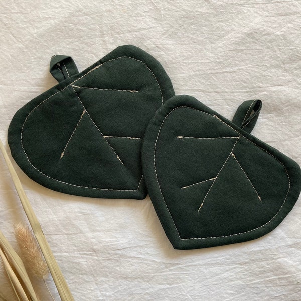 2 Leaf Coasters in Emerald Green Cotton, Cute and Cozy Home Decor, Gift for Tea or Coffee Drinkers