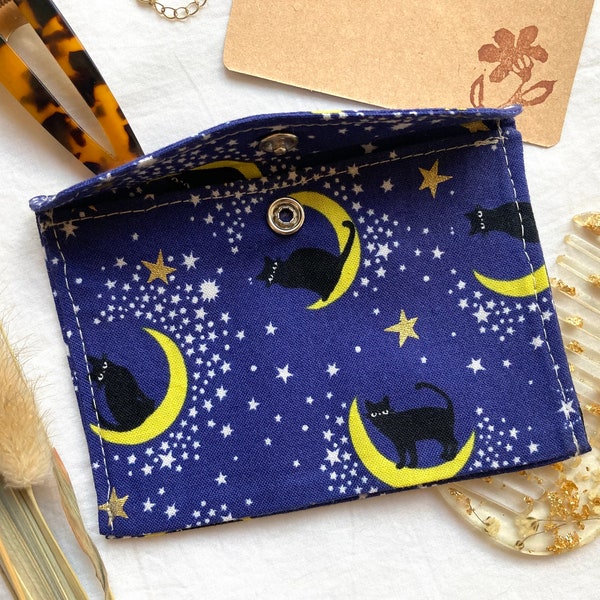 Black Cat Tiny Pouch, Small Japanese Fabric Snap Coin Purse or Card Case in Blue with Kitties and Moons