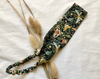 Moth Headband in Forest Green with Metallic Gold and Dragonflies