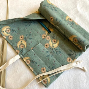 Sage Moon Crochet Hook Roll, Tool Organizer in Cute Celestial and Leaves on Green