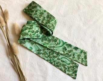 Japanese Leaves Hair Ribbon in Green with Metallic Gold Maple and Ginko over Water