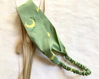 Sage Moon Headband, Silk and Cotton Blend Celestial Hair Accessory in Soft Green with Leaves