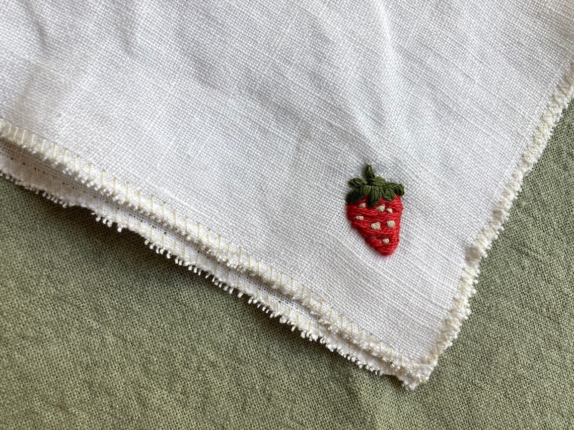 Strawberry Embroidered Linen Handkerchief White Natural Linen | Etsy