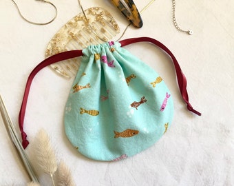 Round Fish Pouch in Teal, Cute Bright Mermaid Small Bag with Burgundy Drawstring