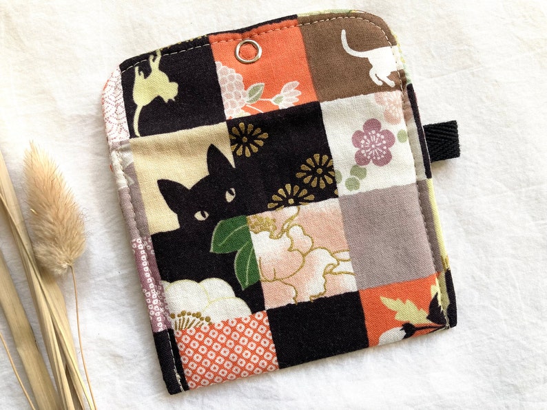 Black Cat Tiny Pouch, Padded Small Japanese Fabric Snap Coin Purse or Card Case with Kitties and Flowers image 9