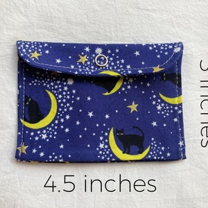 Black Cat Tiny Pouch, Small Japanese Fabric Snap Coin Purse or Card Case in Blue with Kitties and Moons image 3