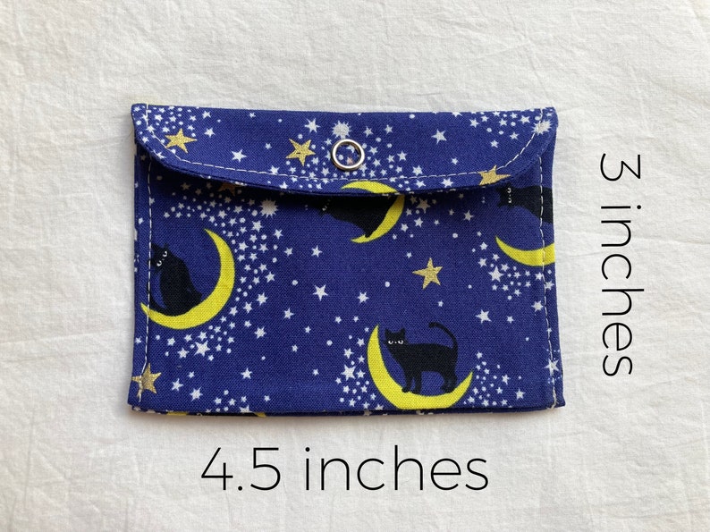 Black Cat Tiny Pouch, Small Japanese Fabric Snap Coin Purse or Card Case in Blue with Kitties and Moons image 3